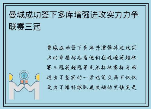 曼城成功签下多库增强进攻实力力争联赛三冠