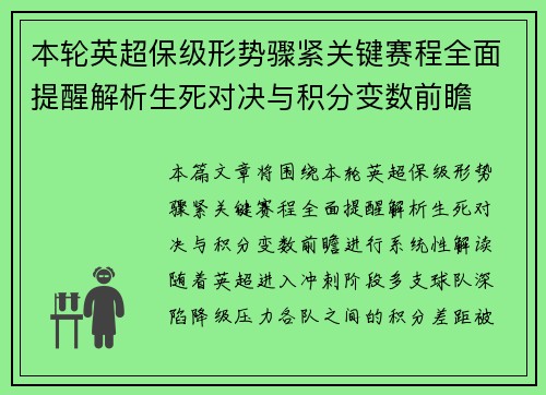 本轮英超保级形势骤紧关键赛程全面提醒解析生死对决与积分变数前瞻 本轮英超保级形势骤紧关键赛程全面提醒解析生死对决与积分变数前瞻